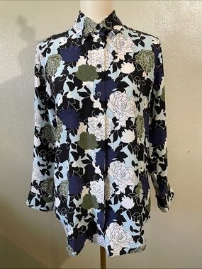 Dark Romantic Silk Floral Button Blouse Equipment Femme XS Long Sleeve Navy Top